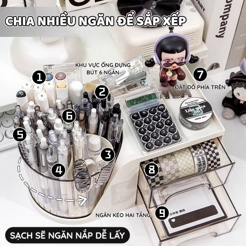 Lọ Đựng Đồ Trang Điểm Xoay 360 - Kệ Để Bàn Đa Năng Có Ngăn Kéo, Đựng Bút, Trang Sức, Giúp Bàn Làm Việc Gọn Gàng