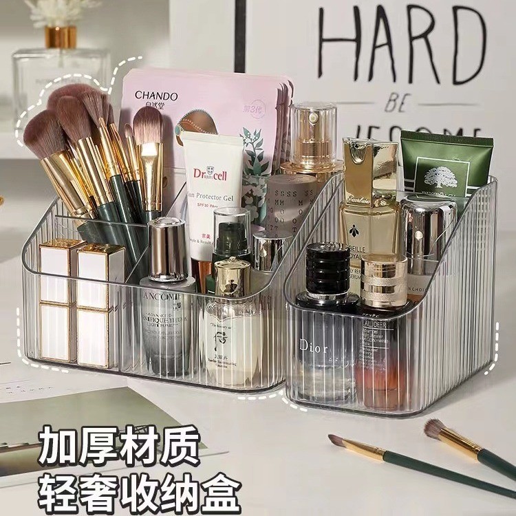 Trong Suốt Trong Suốt Hình Thang Lưu Trữ Xô Mỹ Phẩm Hộp Bảo Quản Trang Điểm Phong Cách Bắc Âu Để Bàn Kệ Đựng Bút Nhẹ Mỹ Phẩm Sang Trọng