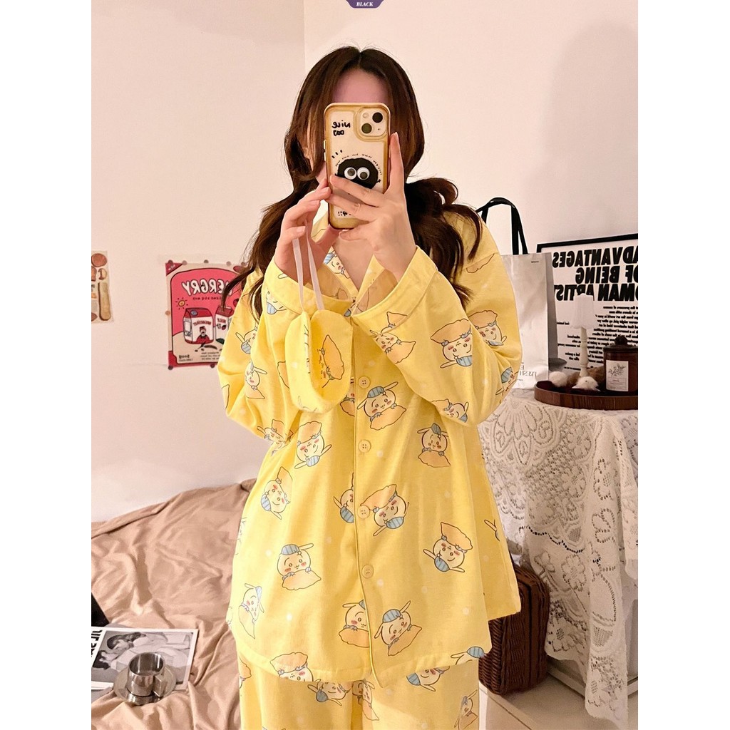 Bộ đồ ngủ Usagi Chiikawa Hachiware dài tay, phong cách hoạt hình Nhật Bản, phù hợp mùa xuân và thu