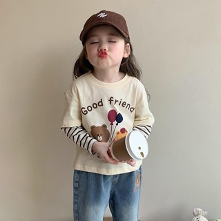 Mùa Xuân Thu Phong Cách Mới Bé Gái Sọc Dài Tay Áo Thun Trung Nhỏ Trẻ Em Dễ Thương In Hình Thỏ Đáy Áo Sơ Mi Bé Khâu Top