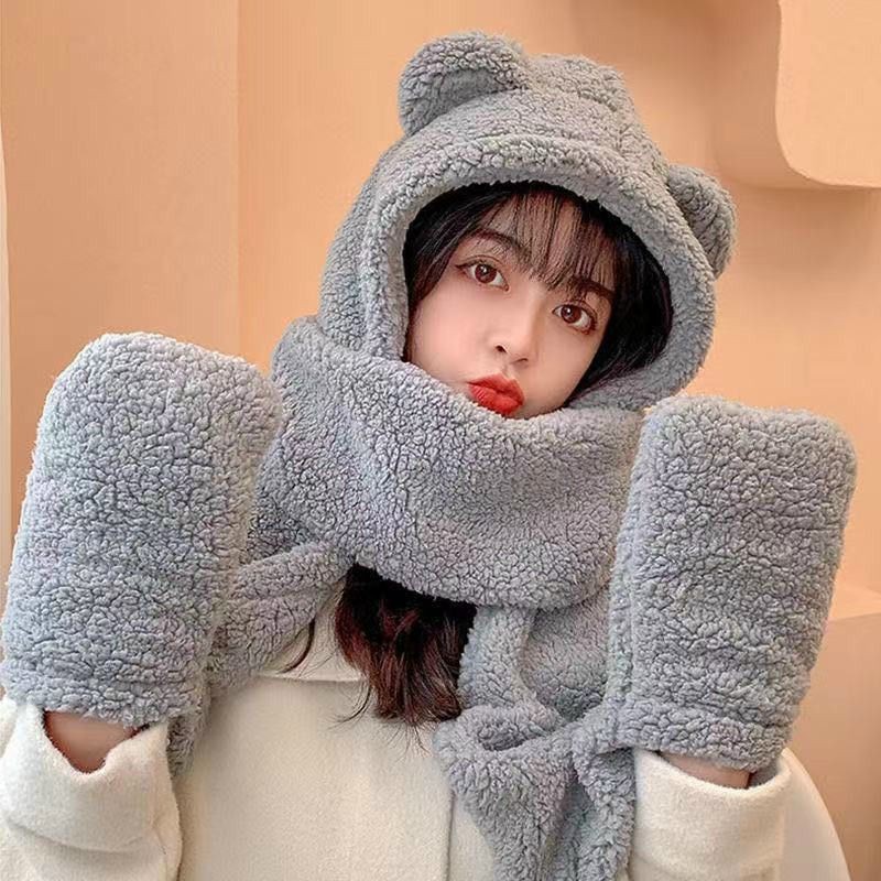 Mũ lông cừu tai gấu kèm khăn quàng cổ và găng tay ấm áp ulzzang Hàn quốc