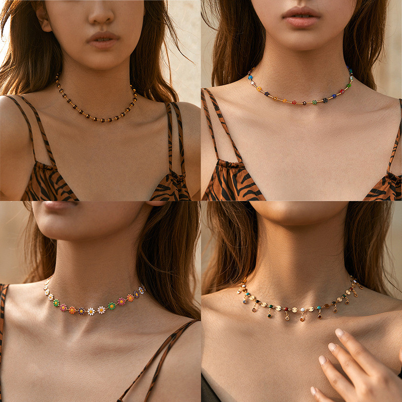 Vòng Cổ Choker Đính Hạt Nhiều Màu Sắc Cho Nữ – Mặt Dây Chuyền Hoa Dainty Mạ Vàng Phong Cách Kỳ Nghỉ Trang Sức Hợp Thời Trang