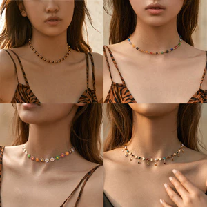 Vòng Cổ Choker Đính Hạt Nhiều Màu Sắc Cho Nữ – Mặt Dây Chuyền Hoa Dainty Mạ Vàng Phong Cách Kỳ Nghỉ Trang Sức Hợp Thời Trang