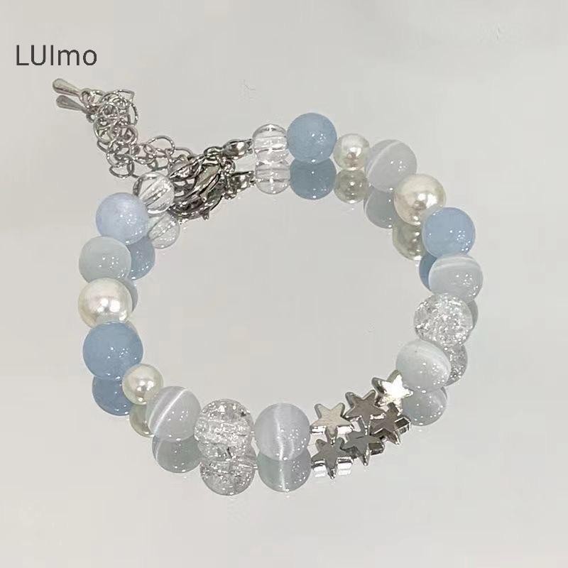 Vòng tay nữ LUImo phong cách Harajuku với ngọc trai đính hạt và màu xanh thủy tinh bóng, phù hợp làm quà tặng theo xu hướng Y2K