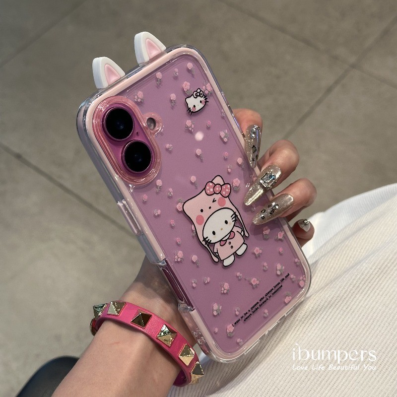 ibumpers Ốp Điện Thoại iPhone Hello Kitty Dễ Thương Tai Mèo Màu Hồng Cho IPhone 11 12 13 14 15 16 Pro Max Ốp Lưng Acrylic Trong Suốt Viền Màu Tinh Khiết