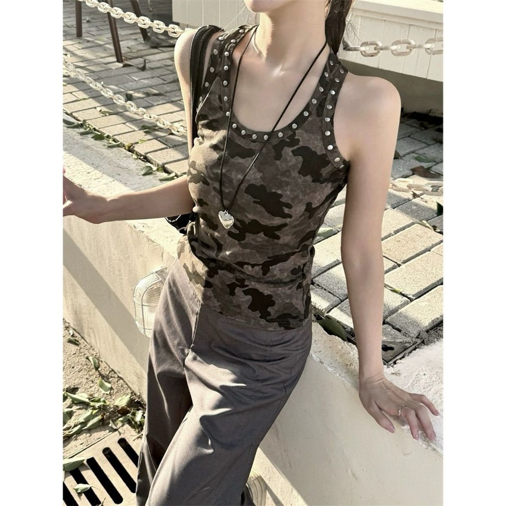 Milyfashion Mỹ Hot Girl Ngụy Trang Đinh Tán Hình Chữ I Áo Vest Có Miếng Lót Ngực Mùa Hè Gợi Cảm Ngọt Ngào Nóng Ngắn Top