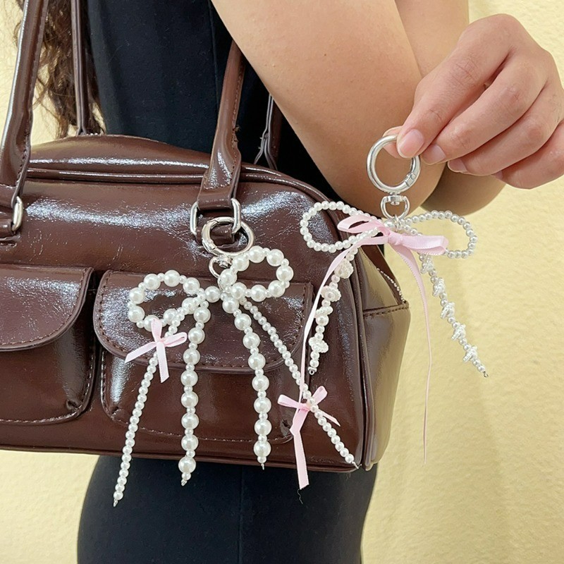 Y2K Màu Hồng Ribbon Bow Pearl Backpack Mặt Dây Chuyềns - Móc Khóa Sáng Tạo/Điện Thoại Di Động Mặt Dây Chuyền