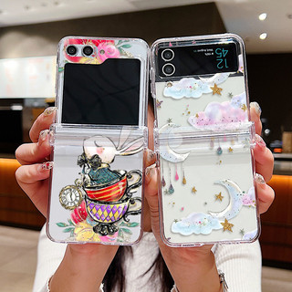 Thỏ Bướm Trong Suốt Dành Cho Samsung Galaxy Z Flip 6 Flip 5 Flip 4 Flip 3 Full Bản Lề Trong Suốt Cứng PC Gấp Ốp điện thoại Samsung Z Flip6 Flip5 Flip4 Flip3