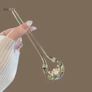 Julyhot Ngọc Trai Kim Loại Hình Chữ U Retro Xanh Trắng Sứ Hình Chữ U Hanfu Kẹp Tóc Phụ Kiện Tóc Massivedeals