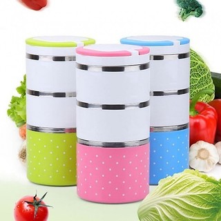 Hộp Đựng Cơm 3 Tầng Chấm Bi Giữ Nhiệt 3 Ngăn Tiện Lợi, Camen giu nhiet ngan, Cap long,