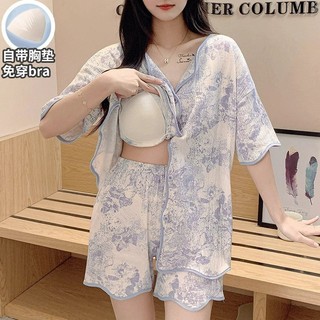 Pad Bộ Đồ Ngủ Nữ Mùa Hè Tay Ngắn Hoạt Hình Nữ Cardigan Rời Kích Thước Lớn Bộ Quần Áo Gia Đình