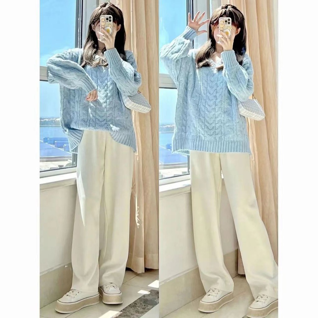 Quần ỐNg RộNg nhung kẻ Quần dài nữ quần dài thoải mái rộng rãi cạp cao mẫu mới 2024