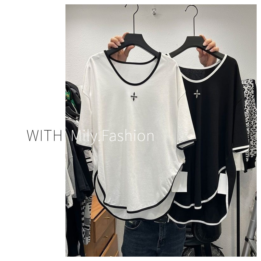 Milyfashion Tay Ngắn T Arc Hem Rời Thời Trang Đơn Giản Kích Thước Lớn Phù Hợp Với Màu Sắc Tương Phản In Chữ Thập