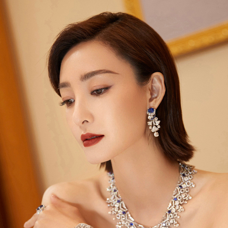 Sang Trọng Bạc 925 Kim Cương Xanh Zircon Bông Tai Hình Quạt Váy Tua Rua Bông Tai