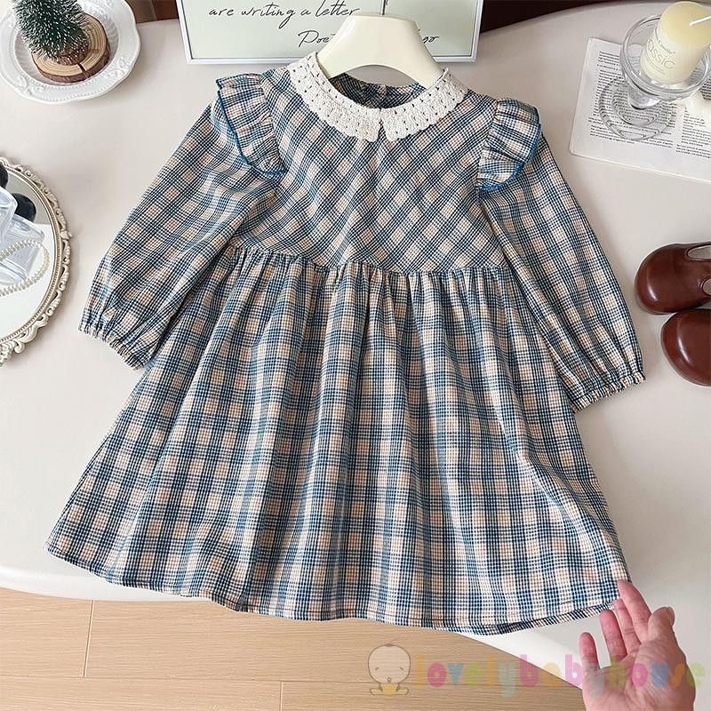 Lbh-đầm Kẻ Sọc Bé Gái Ruffle Viền Cổ Tròn Dài Tay Chữ A Đầm Công Chúa Cho Mùa Thu Xuân