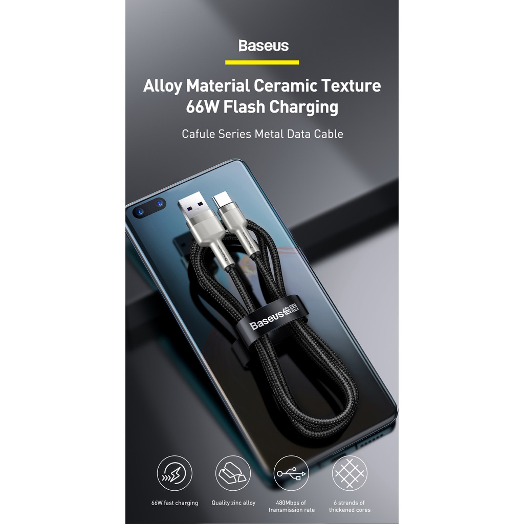 Cáp USB to Type-C Baseus 6A 66W – Sạc Nhanh và Truyền Dữ Liệu 480Mbps cho Huawei Mate 40 Pro và P30 Pro