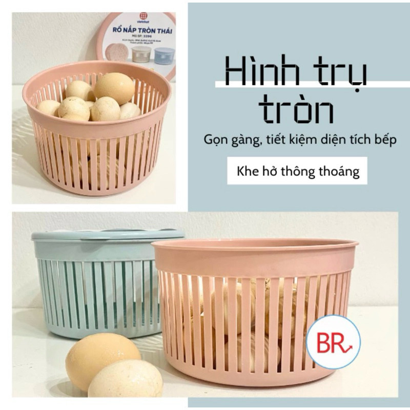 Rổ nắp tròn mini, Rổ đựng hành tỏi thoáng khí, đựng trứng có nắp đậy tiện dụng Việt Nhật cao cấp 3396