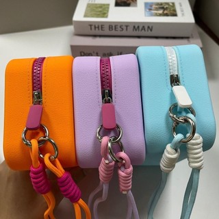 AllGIFT Ví vuông, Silicone có dây đeo cổ tay Ví đựng tiền xu, Túi đựng mỹ phẩm có dây kéo màu trơn Vật phẩm nhỏ