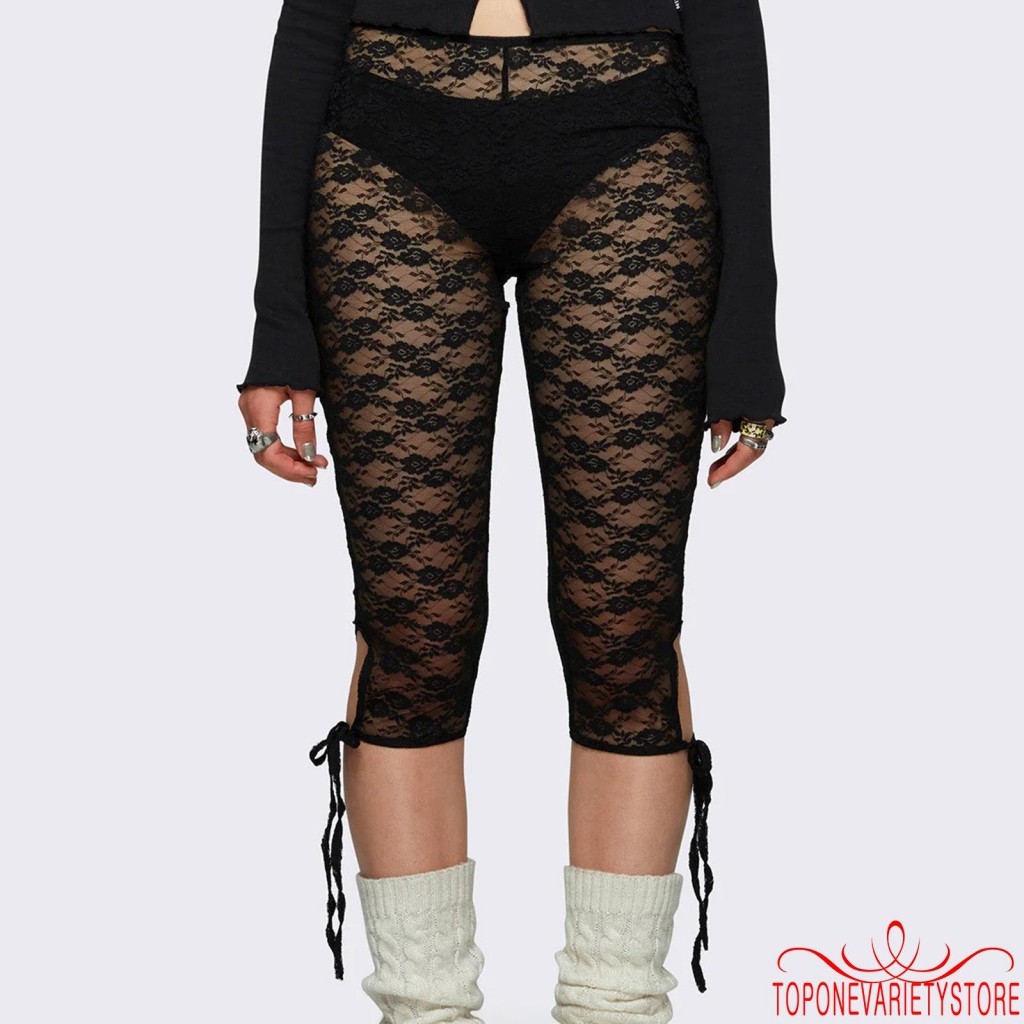 Topone-nữ Ren Capri Quần Thường Ngày Băng Cutout Quần thun xuyên thấu