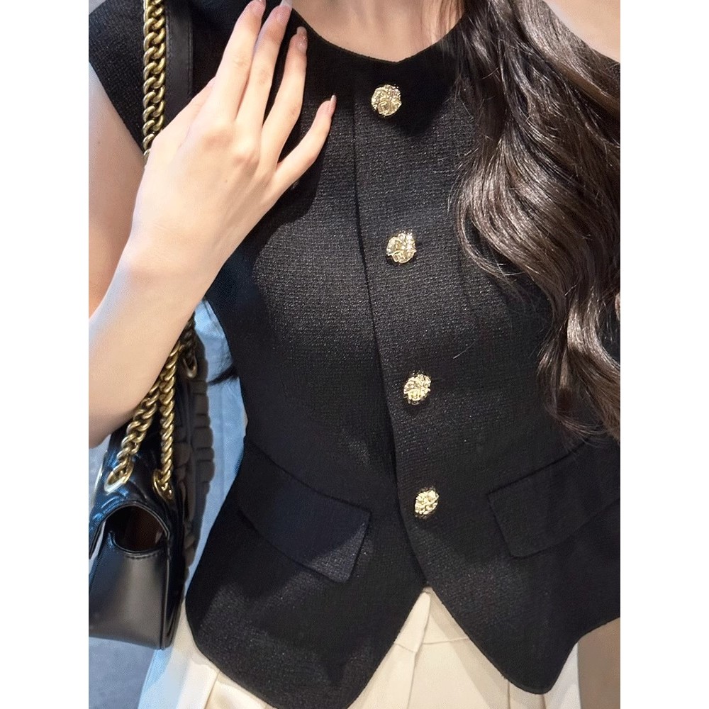Suxi Đơn Giản Màu Trơn Pháp Retro Thu Đông Mới Áo Vest Nữ Không Tay Ngắn 240921