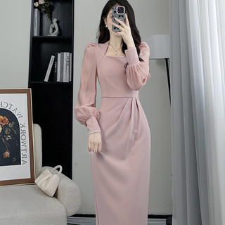 Váy liền tay phồng dài tay váy dài vừa tôn dáng khí chất bó eo mẫu mới mùa thu cho nữ