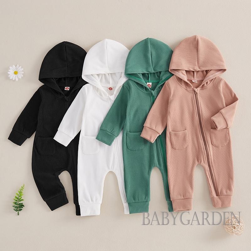 / / -0-18 Tháng Cho Bé Gái Bé Trai Mùa Thu Jumpsuit Dài Tay Có Mũ Trùm Đầu Màu Trơn Thường Ngày Dây Kéo Áo Liền Quần