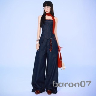 Phụ Nữ Rộng Quần Jean Ren Viền Túi Rời Quần Denim Mùa Xuân Thu Thường Ngày Quần Baggy