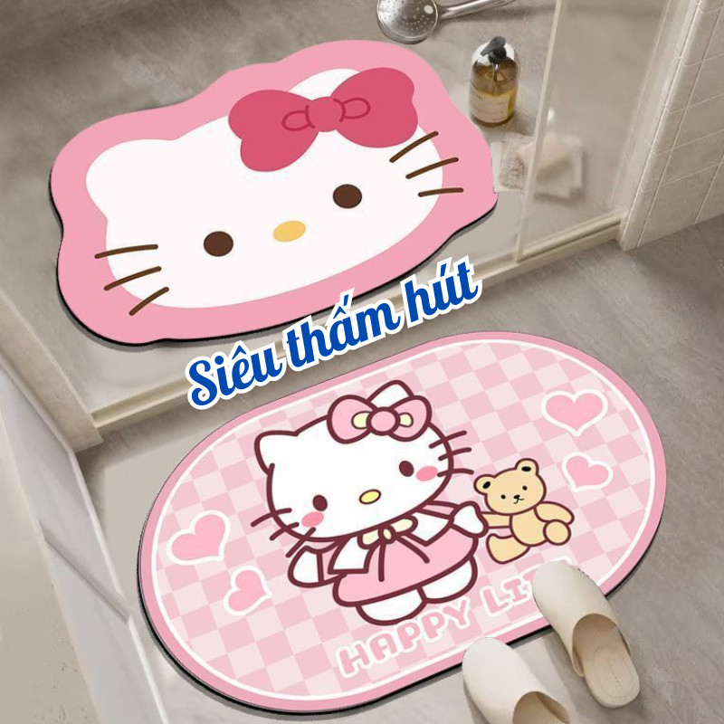 Thảm Siêu Thấm Hút Mẫu Hello Kitty Chất Tảo Mịn, Thảm Lau Chân Phòng Tắm