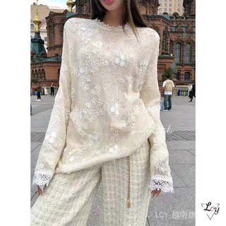 Áo dệt kim tay dài phối ren, họa tiết quả lê thêu rỗng, phong cách Hàn Dongdaemun mới mùa thu đông, áo mặc trong thanh lịch và dịu dàng dành cho nữ.