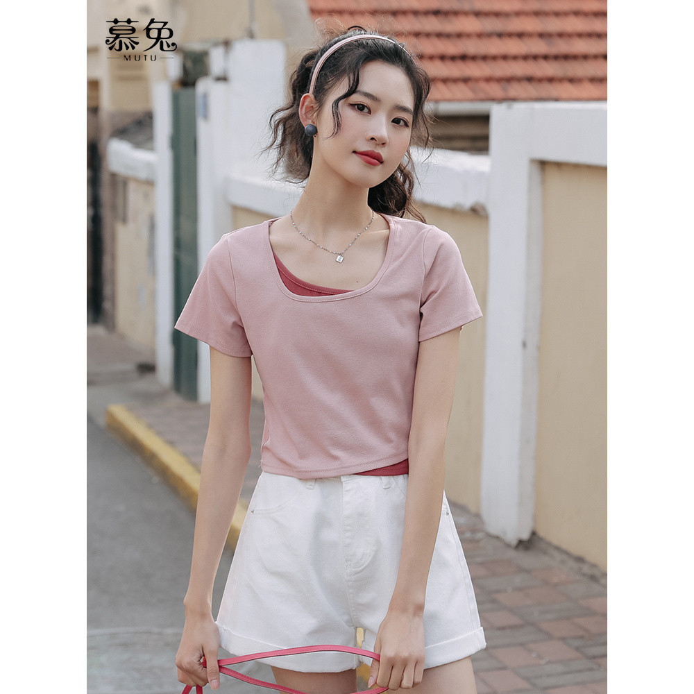 Áo thun nữ bông nguyên chất màu hồng thiết kế mới mỏng nhẹ cho mùa hè