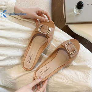 Kudosation Mùa Hè Phong Cách Mới Nữ Nửa Dép Thời Trang Vuông Khóa Gót Dày Ngoài Trời Đáy Phẳng Dép Hàng Ngày