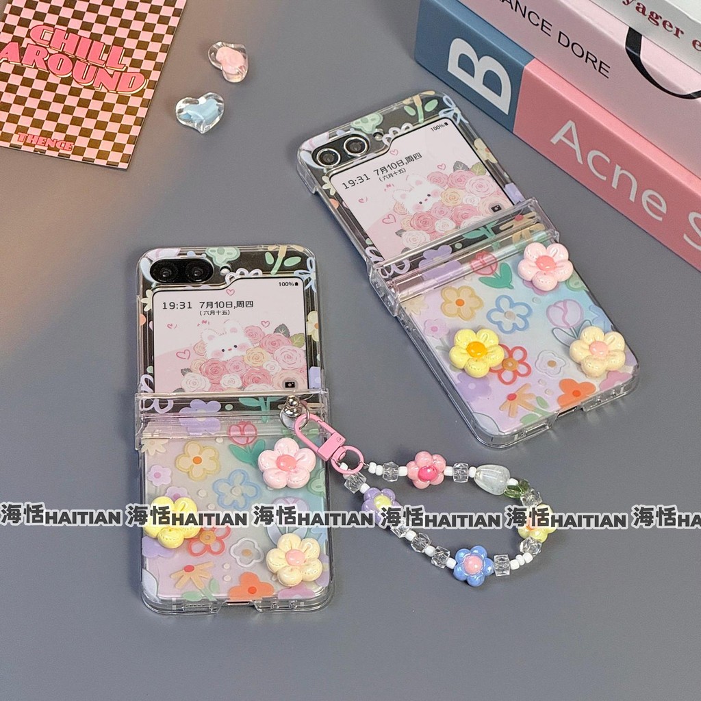 Thích Hợp Cho Samsung Galaxy Z Flip7 Flip6 Trong Suốt 3D Màu Hoa Vòng Tay Vỏ Điện Thoại Cho ZFlip 7 6 5 4 3 5G Dây Gấp Bảo Vệ Cứng