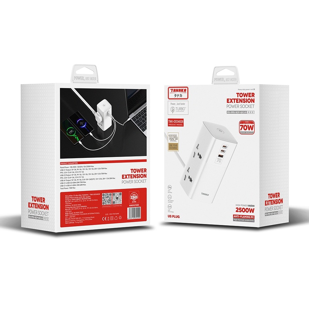 Ổ Cắm Điện Tanaka TNK-OD34026 - Ổ điện trụ đứng - Công suất 2500W - Bảo hành chính hãng 12 tháng