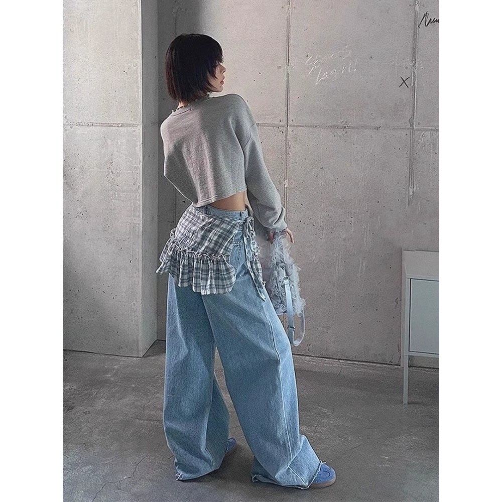 Milyfashion Kẻ Sọc Mông Rèm Phong Cách Mới Xám Xanh Ẩn Đáy Quần Bên Ren Kẻ Sọc Dưới Thân Váy Lớp Quần Áo Nữ
