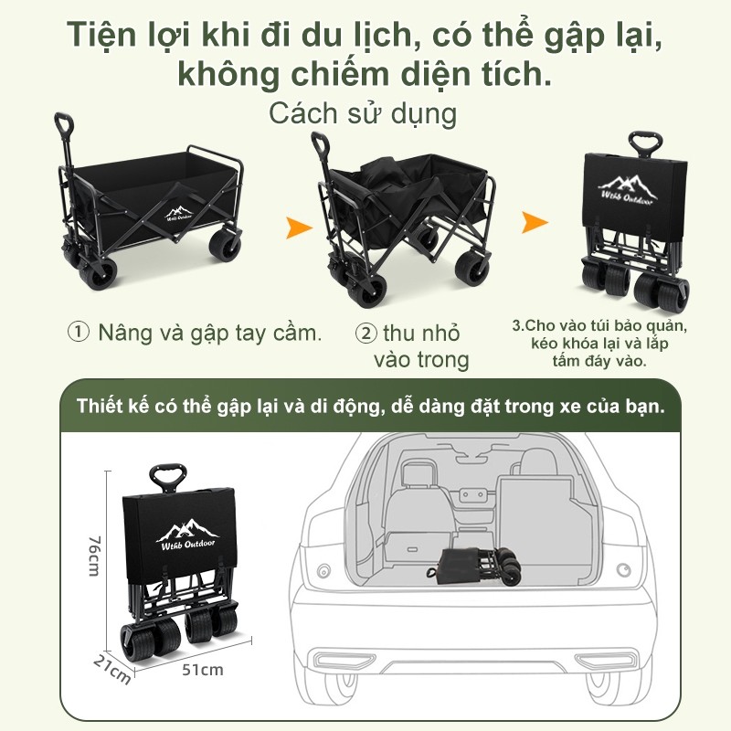 WTHB Outdoor Xe Kéo Hàng Gấp Gọn, Bánh Lớn Có Phanh tải trọng 300kg - Đa năng cho camping, dã ngoại và mua sắm