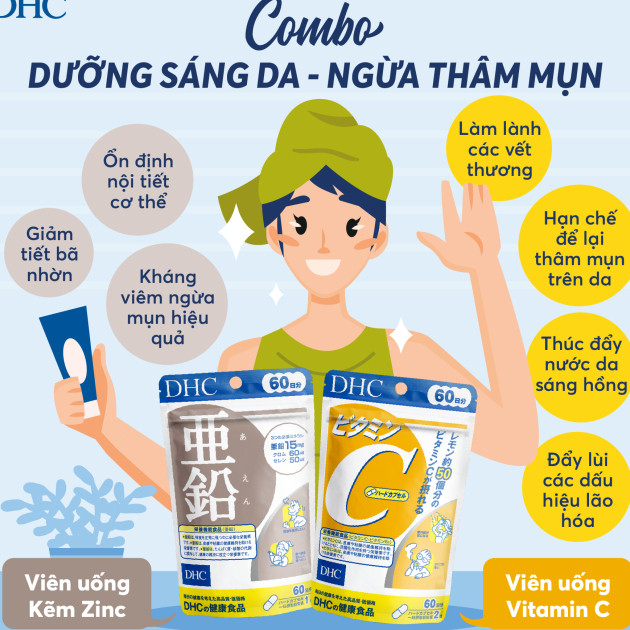 Combo 60 ngày gồm viên uống Vitamin C DHC gói 120 viên & Kẽm DHC gói 60 viên Nhật Bản chính hãng