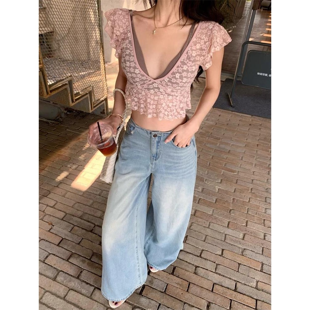 Milyfashion Gợi Cảm Lá Sen Tay Nhìn Xuyên Rỗng Ren Cổ Chữ V Sâu Rốn Mở Rộng T Mỏng Ngắn Top Bé tee Quần Áo Nữ