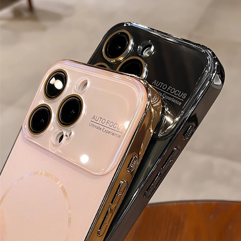 Ốp điện thoại từ tính cửa sổ lớn mạ điện cho iPhone 16 14 15 pro max Bảo vệ ống kính chống rơi Vỏ cứng bảo vệ điện thoại
