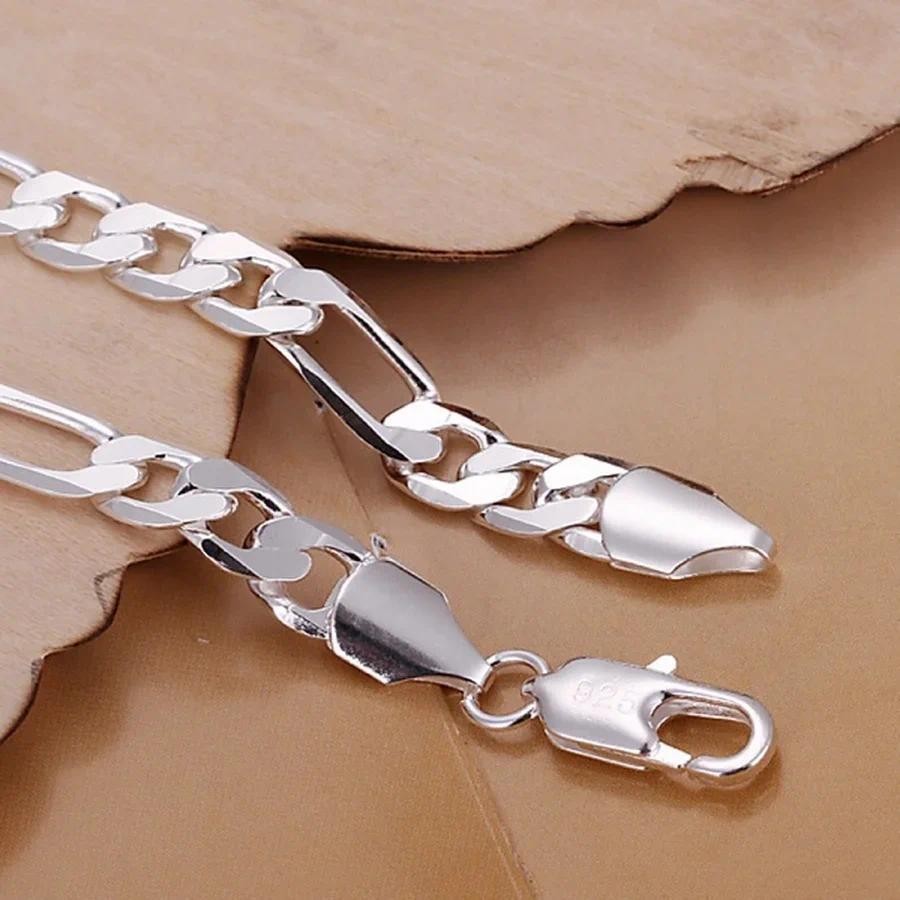 Fine 925 Vòng Tay Bạc 6-8 Mm Nam Nữ Dây Xích Cưới Trang Sức Thời Trang Figaro 20cm