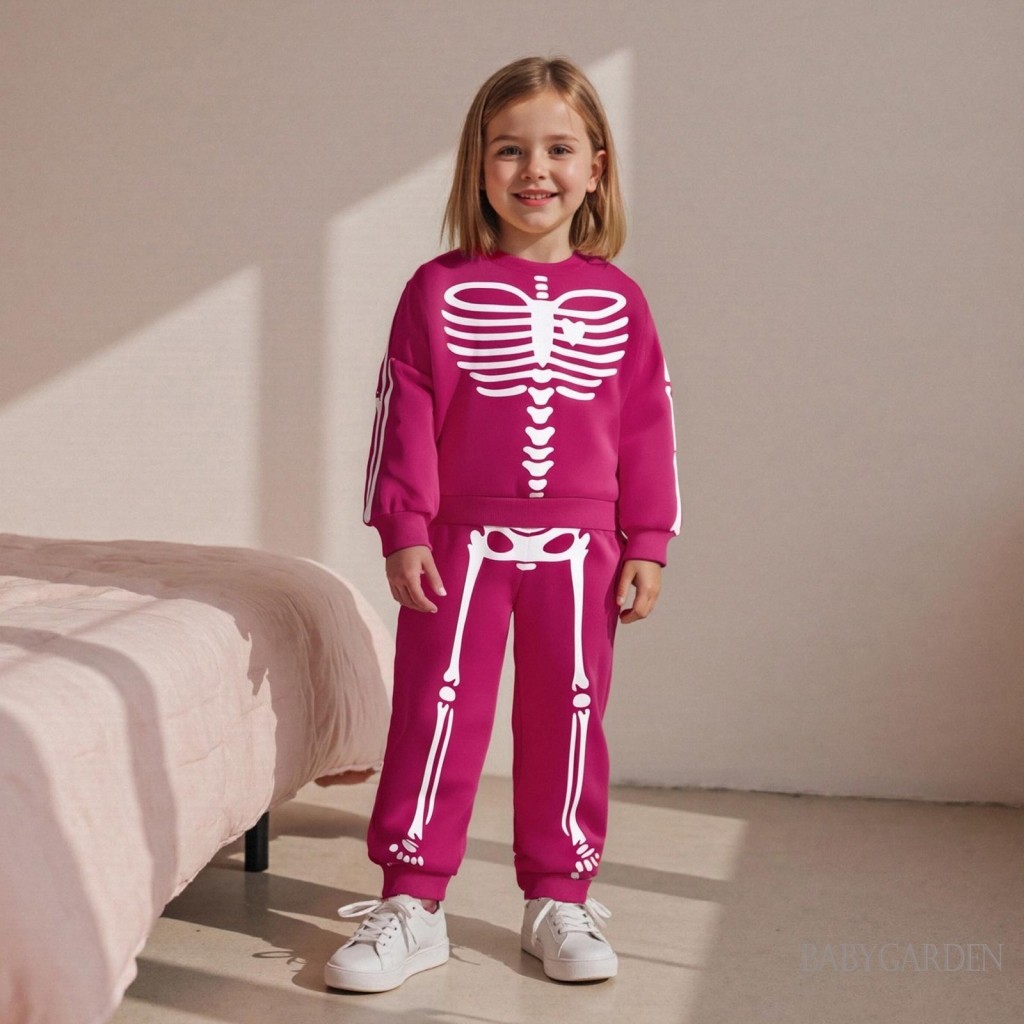 1-7 Tuổi Trẻ Em Bé Gái Bé Trai Trang Phục Halloween In Hình Bộ Xương Dài Tay Cổ Tròn Chui Đầu + Quần Eo Co Giãn 2 Chiếc Bộ