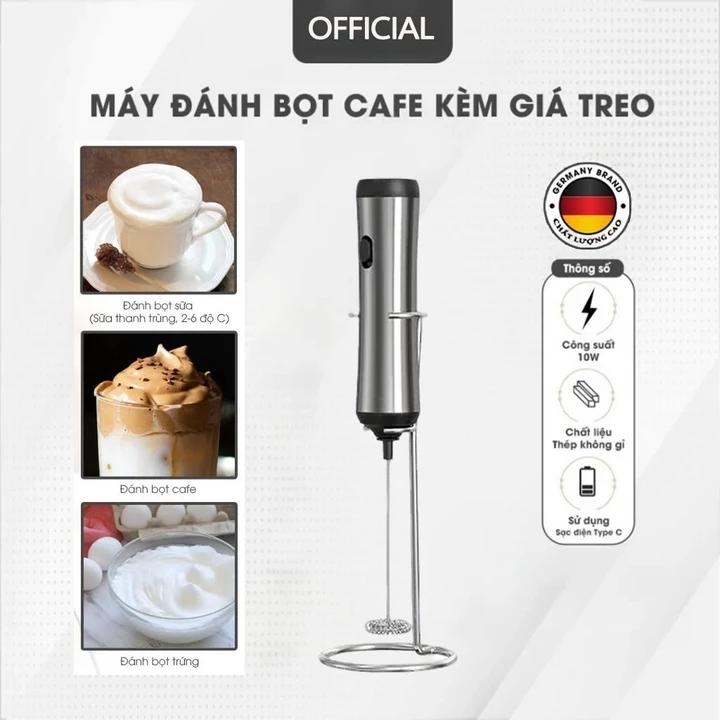 Máy Đánh Bọt Sữa Cà Phê Điện Cliton - Máy đánh bọt cà phê sạc USB, inox 304 kèm giá đỡ, 2 đầu đánh