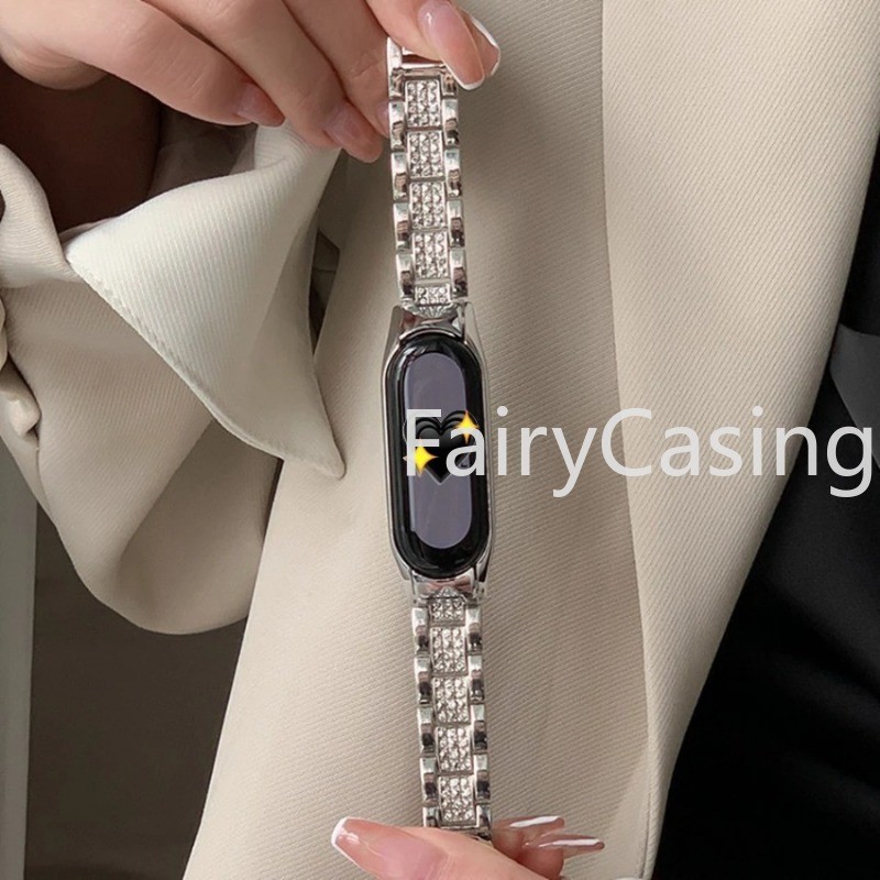 Dây đeo bằng thép không gỉ cho Xiaomi Mi Band 10 9 8 7 6 4 5 Cổ tay Vòng tay kim loại lấp lánh sang trọng cho Mi Band 6 4 3 5 Dây đeo kim cương