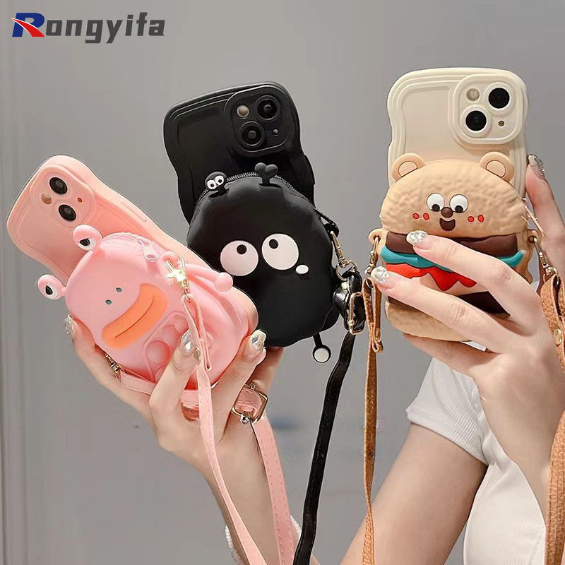 Ốp Điện Thoại Ví Đựng Tiền Xu Ếch Cho iPhone 15 14 13 12 11 Pro Max 15 14 8 7 Plus 13 12 Mini 6S 6 X XR XS Max SE2020 Vỏ Hoạt Hình Màu Đen Bánh Burger Bear Chống Rơi