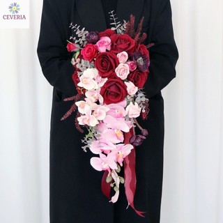 Bó hoa cưới cầm tay cô dâu nhân tạo CEVERIA hoa lan và hồng nhung L009