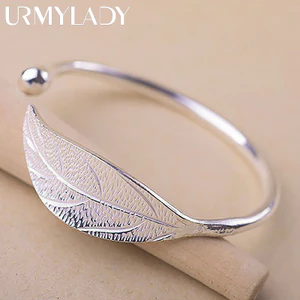 Urmylady Bạc 925 Người Phụ Nữ Vòng Tay Mở Hình Lá Có Thể Điều Chỉnh Charm Lắc Tay Trang Sức