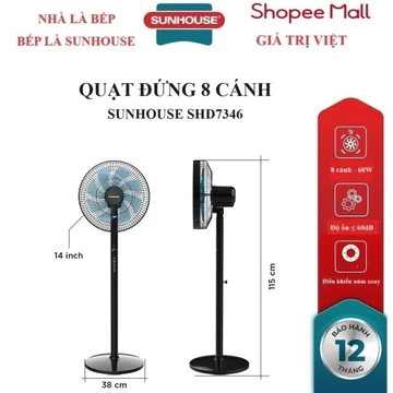 QUẠT ĐỨNG 8 CÁNH SUNHOUSE SHD7346, Công suất60W, Điều khiển cảm ứng, Tích hợp điều khiển từ xa, 3 chế độ gió,