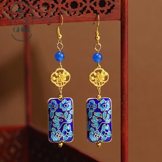 GHGl Hàng Sẵn Có Thiết Kế Ban Đầu Mới Trung Quốc Bông Tai Cloisonne Nữ Retro Men Hoa Vuông Đĩa Bông Tai Phong Cách Trung Quốc Bông Tai Sườn Xám