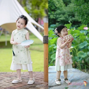 Baga-kids Cô Gái Qipao Đầm Phong Cách Trung Hoa In Tre Thắt Nơ Giả Cổ Không Tay Mùa Hè Xe Tăng Đầm