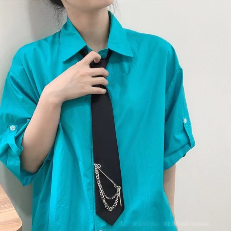 Kikin Nữ Pre Buộc Cà Vạt Với Dây Xích Dài Kim Loại Pin Đồng Phục Sinh Viên Cà Vạt Cổ Đen