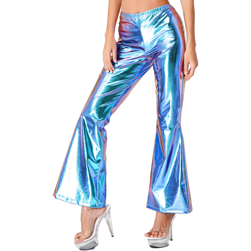 Txmy - Quần Disco kim loại sáng bóng cho nữ Loodgao Dây thắt lưng đàn hồi Chuông Quần loe đáy